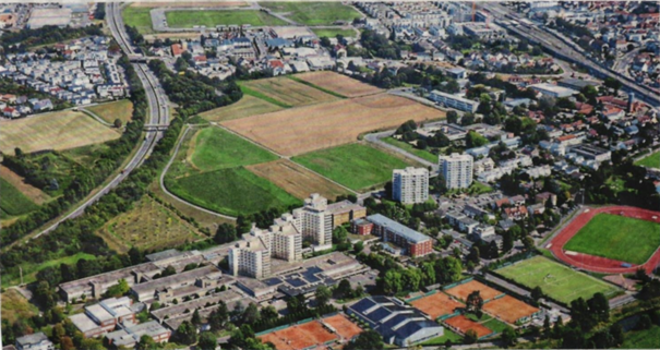 Luftaufnahme des geplanten Thermengeländes in Bad Vilbel